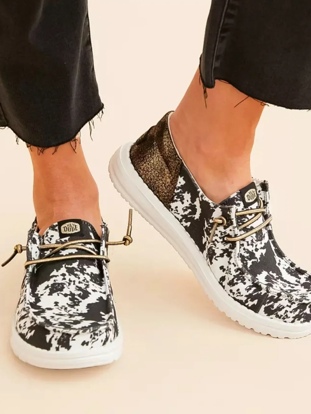 Hey Dude Wendy Funk Cowgirl White Black Cow Print Gold Size 7 - Picture 3 of 15